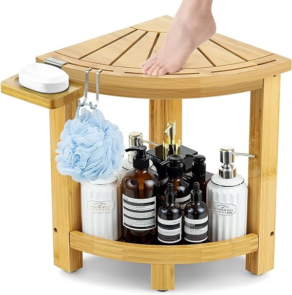 nexxLeafy Bamboo Corner Shower Stool for Shaving Legs Foot Rest, Water